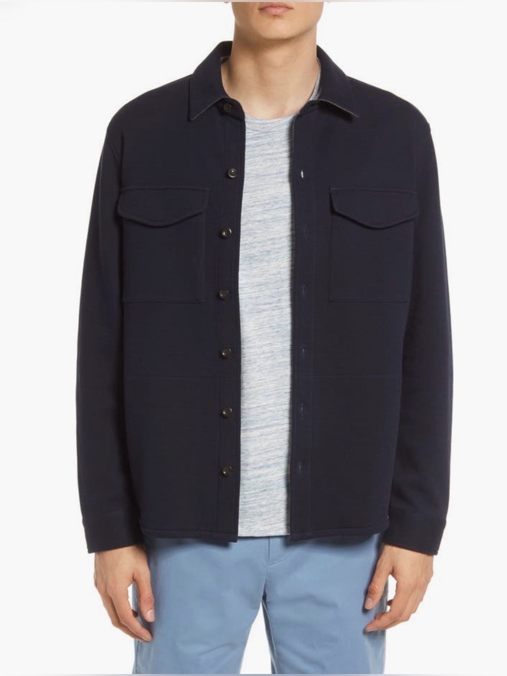 Vince Double-Knit Blue Cotton-Blend Piqué Shirt Jacket